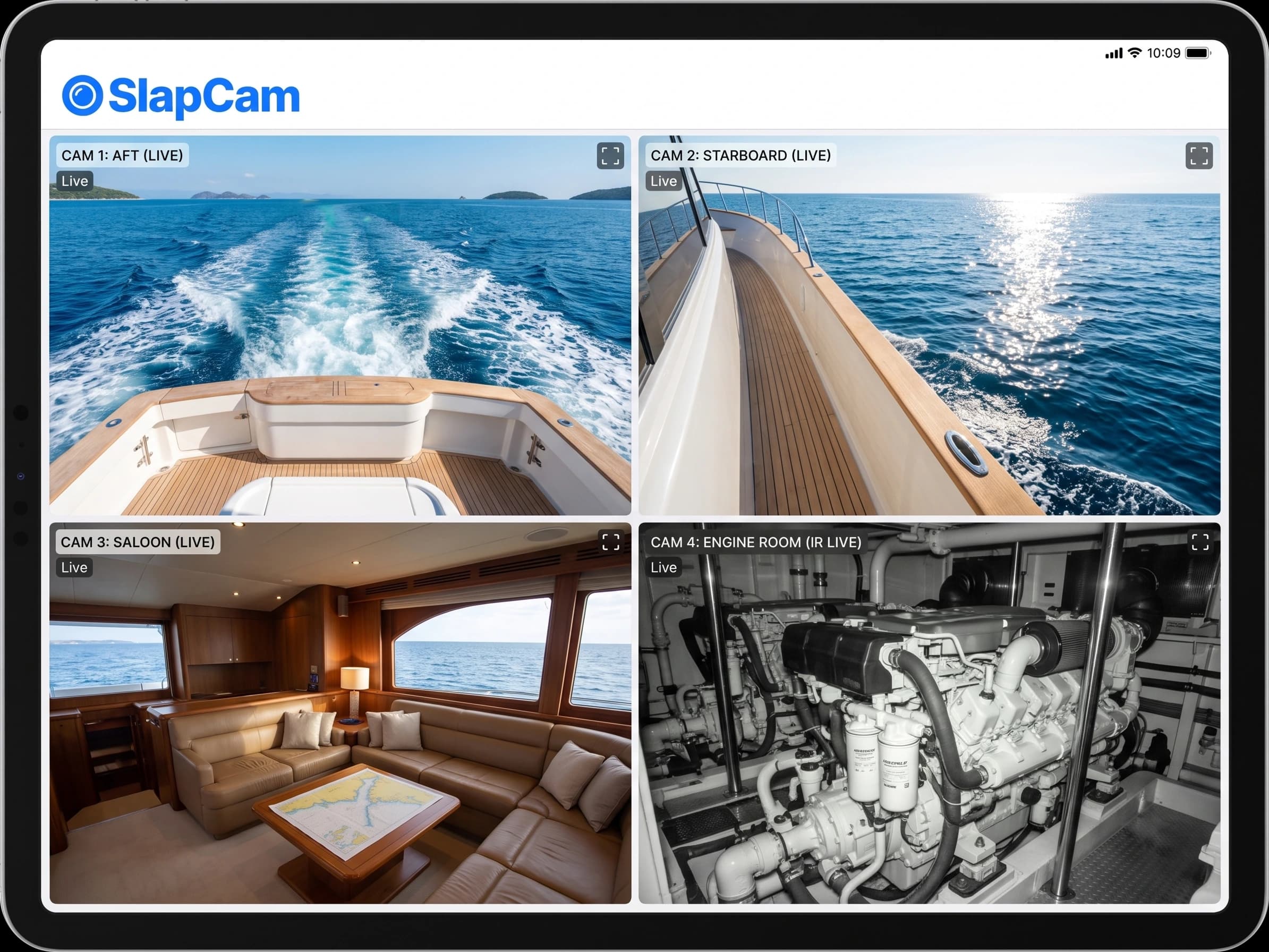 The SlapCam app showing four live boat camera feeds at once on an iPad